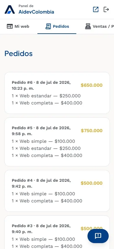 Panel real de Aidev en un celular mostrando los pedidos recibidos, cada uno con sus productos y su total