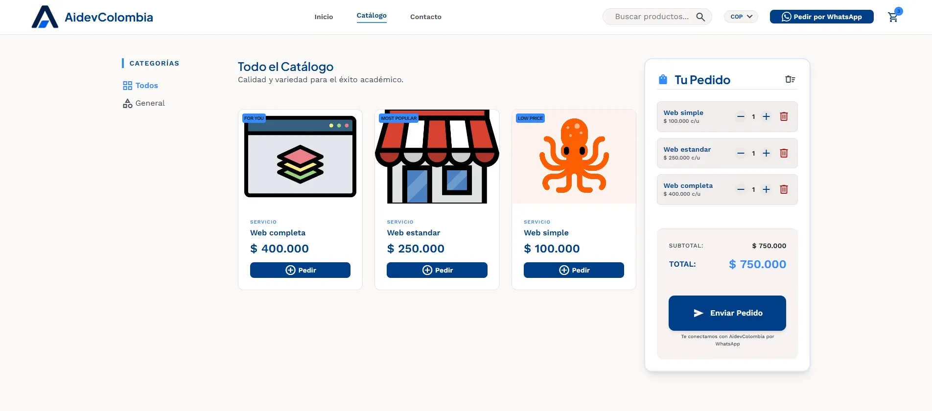 Catálogo digital real creado con Aidev: productos con precios en pesos, carrito de pedido y botón de pedir por WhatsApp